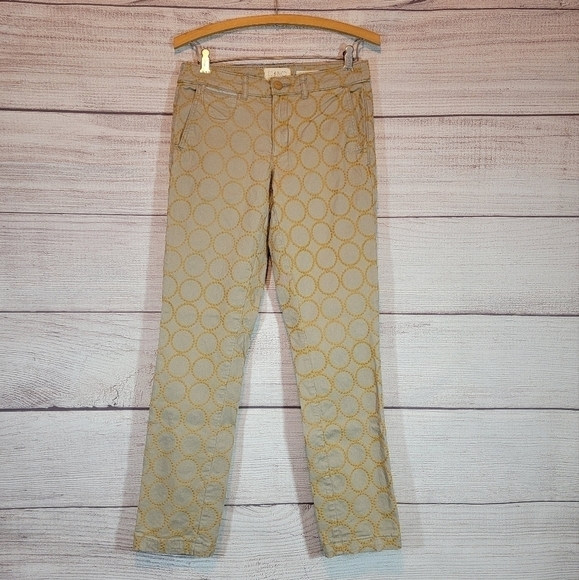 CHINO By Anthropologie Relaxed Circle Embroidered Khakis Pants Tan Yellow 26 - Picture 3 of 5